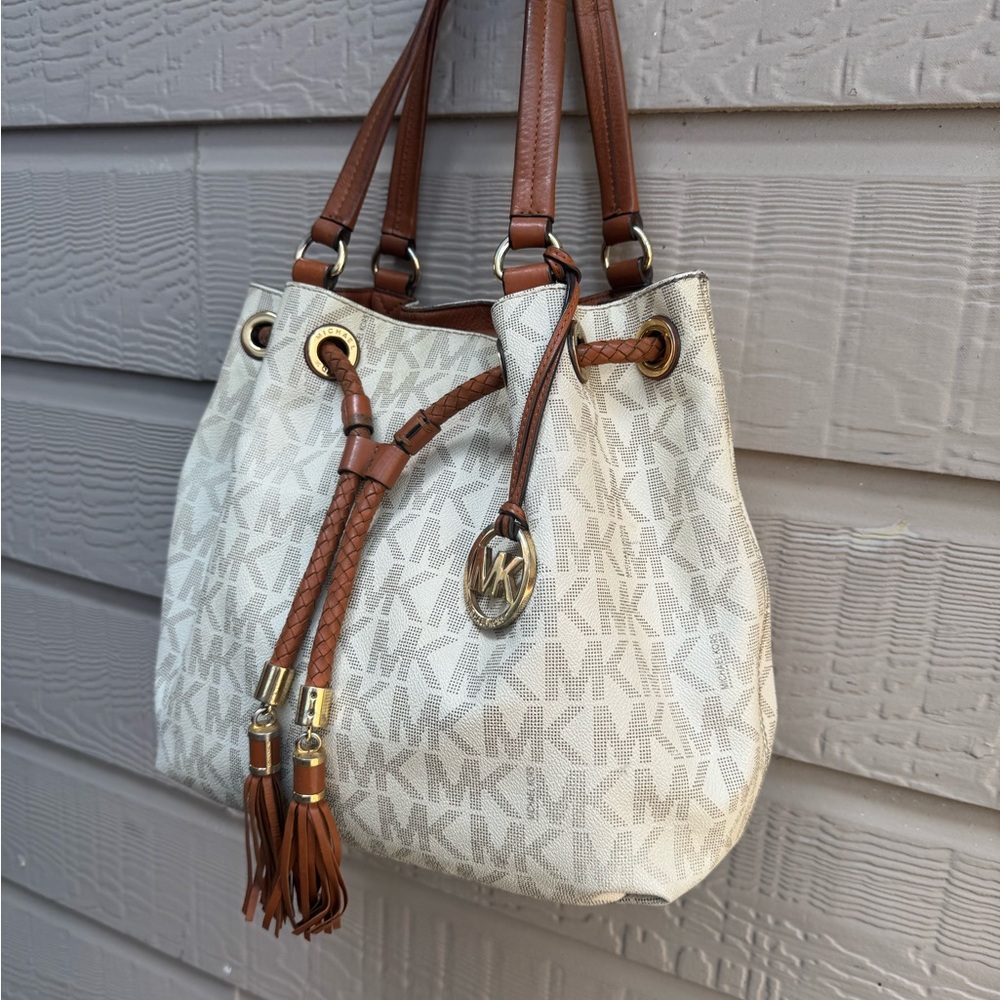 Michael Kors White and Tan Signature Bag